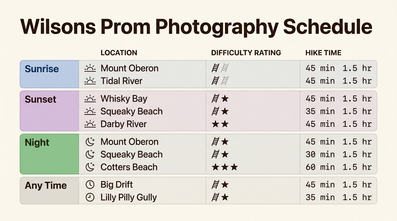 This quick-reference guide helps you plan your shoot schedule based on lighting conditions and physical effort required for each location.