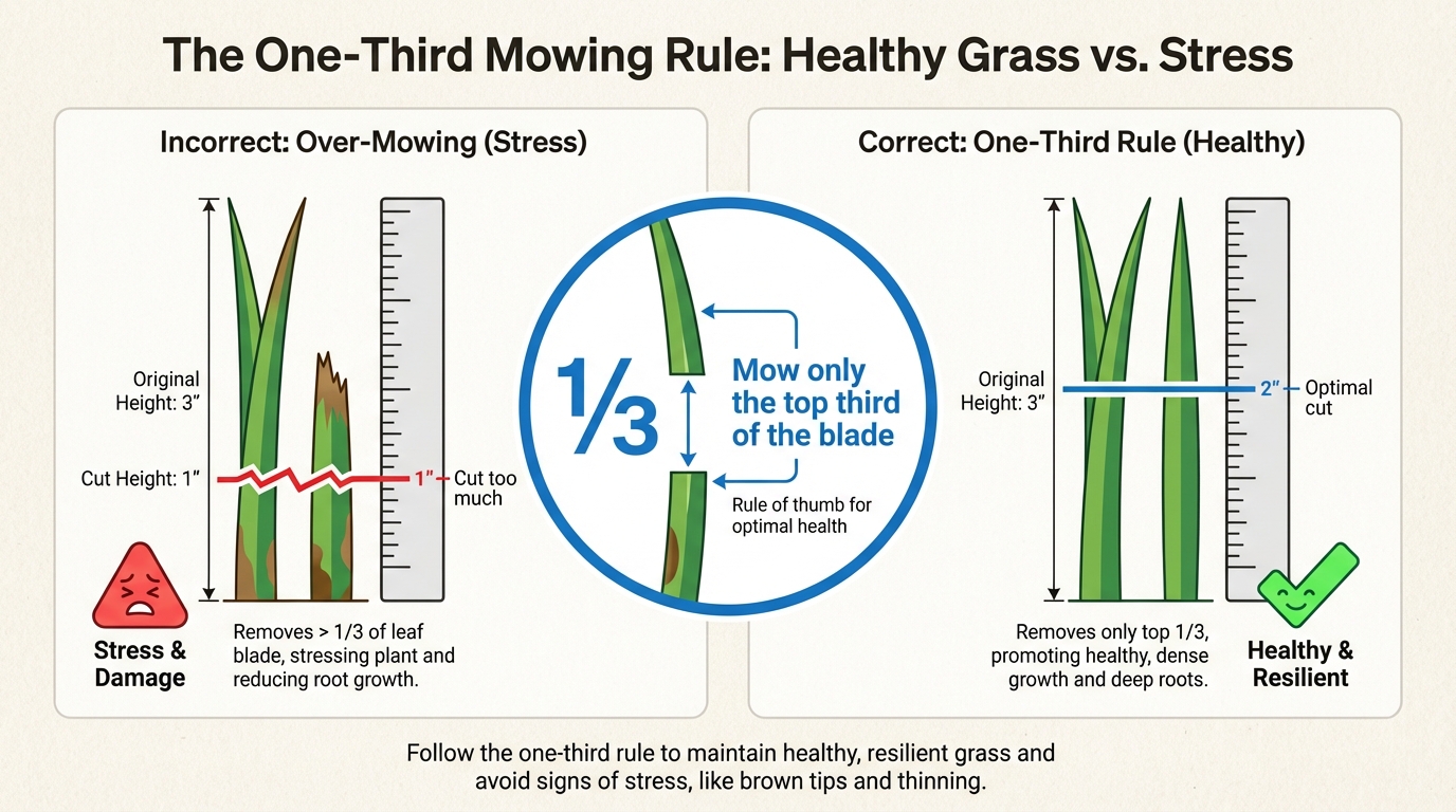 Following the one-third rule and maintaining proper height prevents scalping, which protects the grass crown and discourages weed growth.