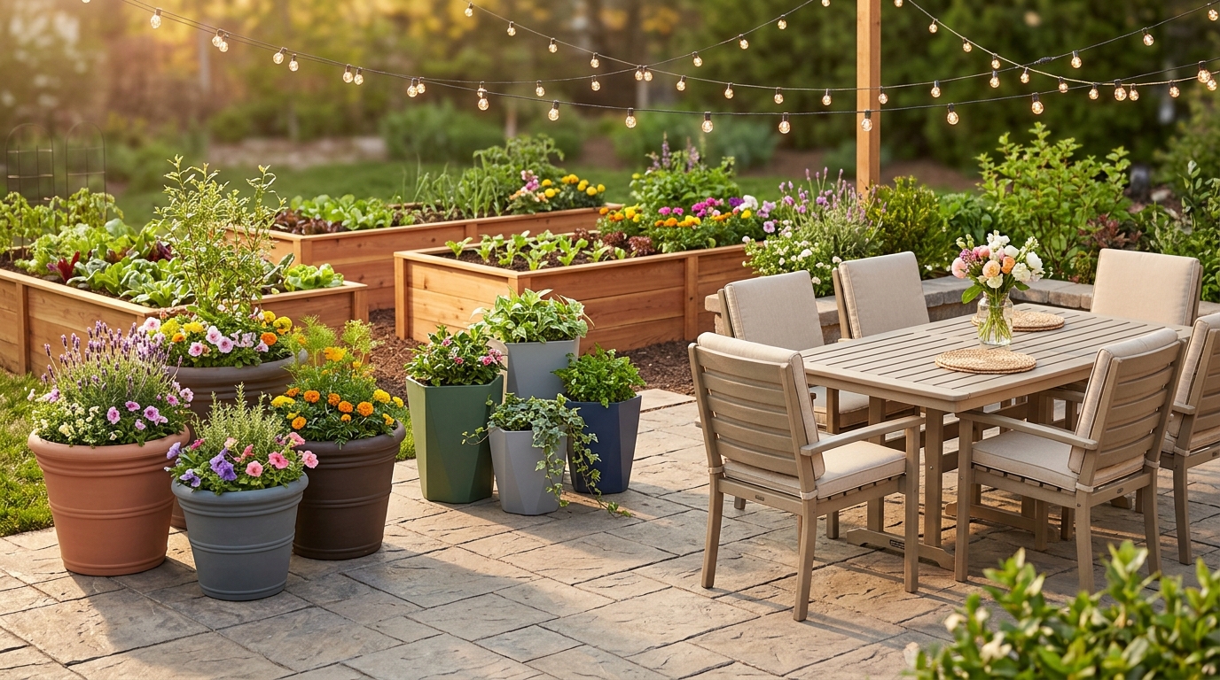 Combining stylish planters, sustainable furniture, and ambient lighting creates a cohesive and inviting outdoor living area for any home.
