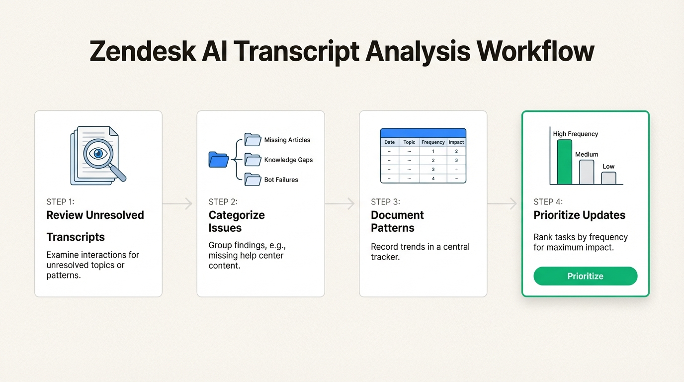 Fluxo de trabalho para transformar dados de transcrição do Zendesk em melhorias na central de ajuda