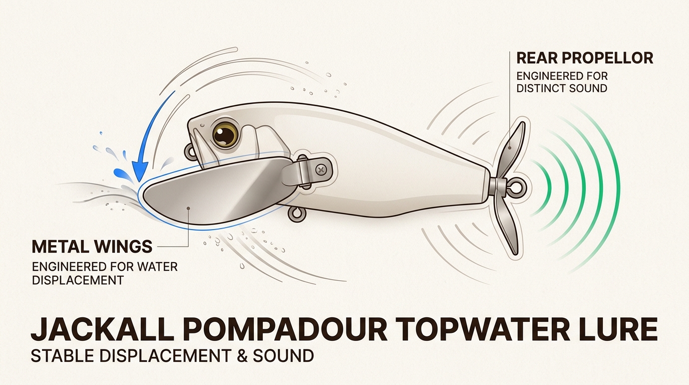 Examine the precision-engineered wings and prop of the Jackall Pompadour, designed to create unique surface action and sound even at ultra-slow retrieve speeds.