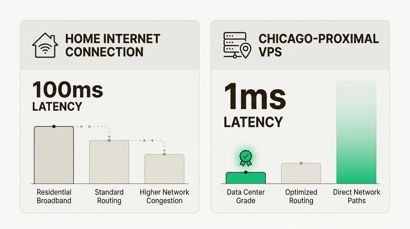 A professional infographic comparing a 100ms home internet connection to a 1ms Chicago-proximal VPS connection, highlighting the superior execution speed of the VPS.