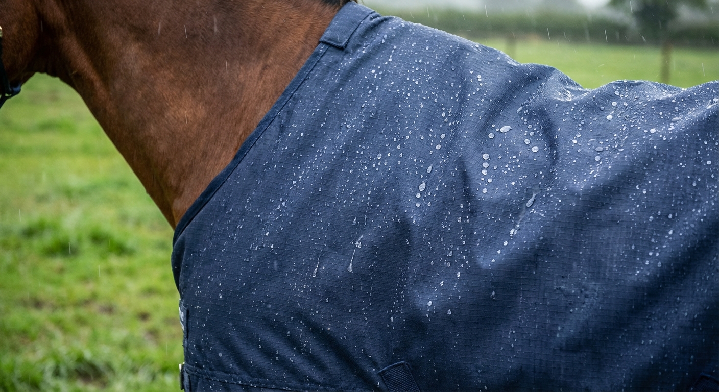 Water beading on a waterproof horse blanket surface during rainfall