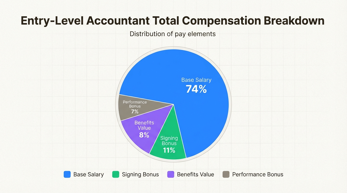 Base salary represents only 74% of total first-year value at major firms; bonuses and benefits add significant value