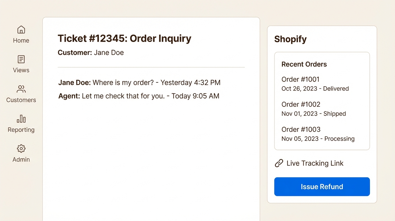 La connexion du magasin à Zendesk apporte l'historique des commandes et les outils de remboursement dans l'espace de travail de l'agent