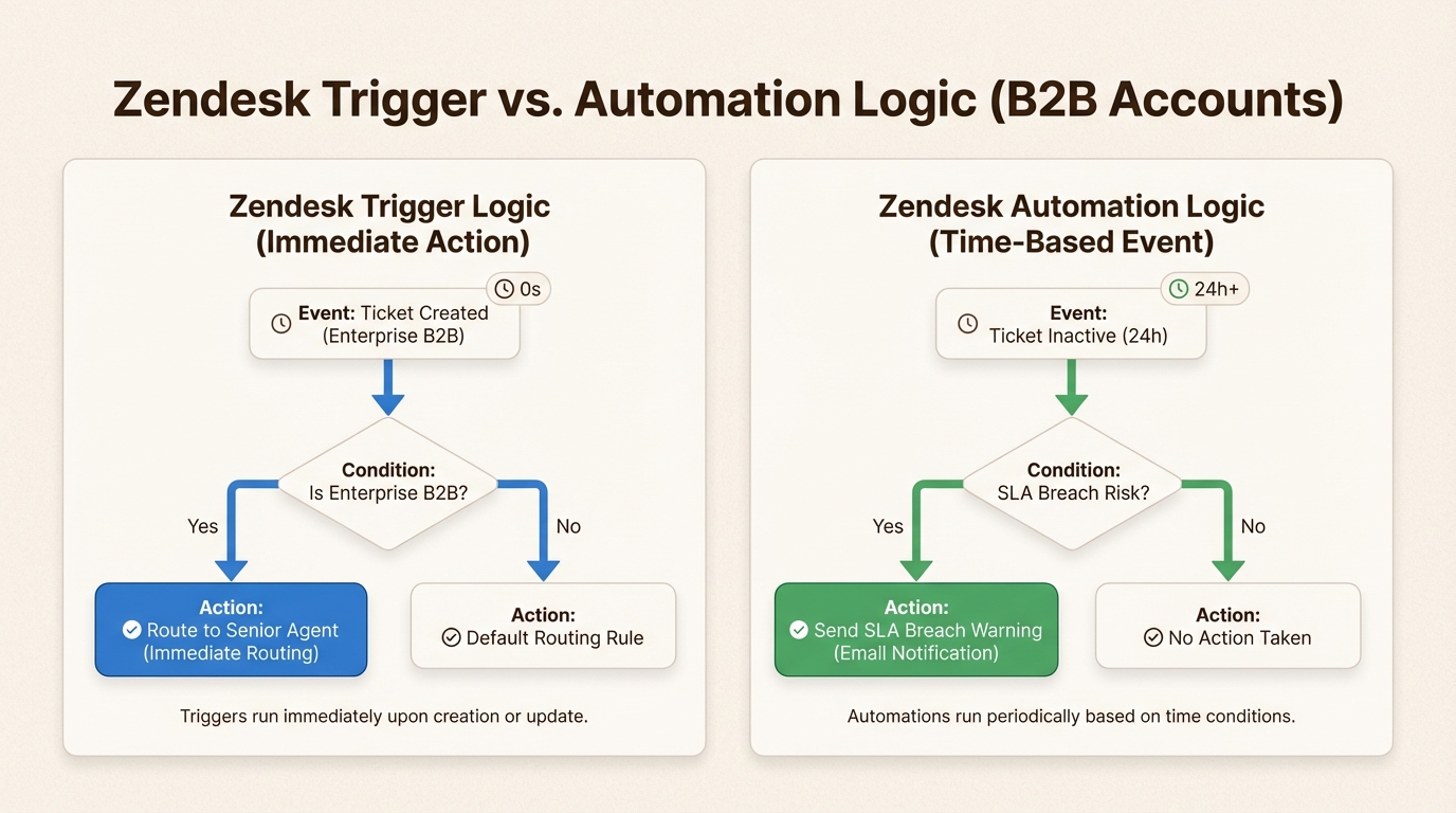 優先度の高いB2Bチケットのルーティングとエスカレーションのための自動化されたビジネスルールを示すフローチャート