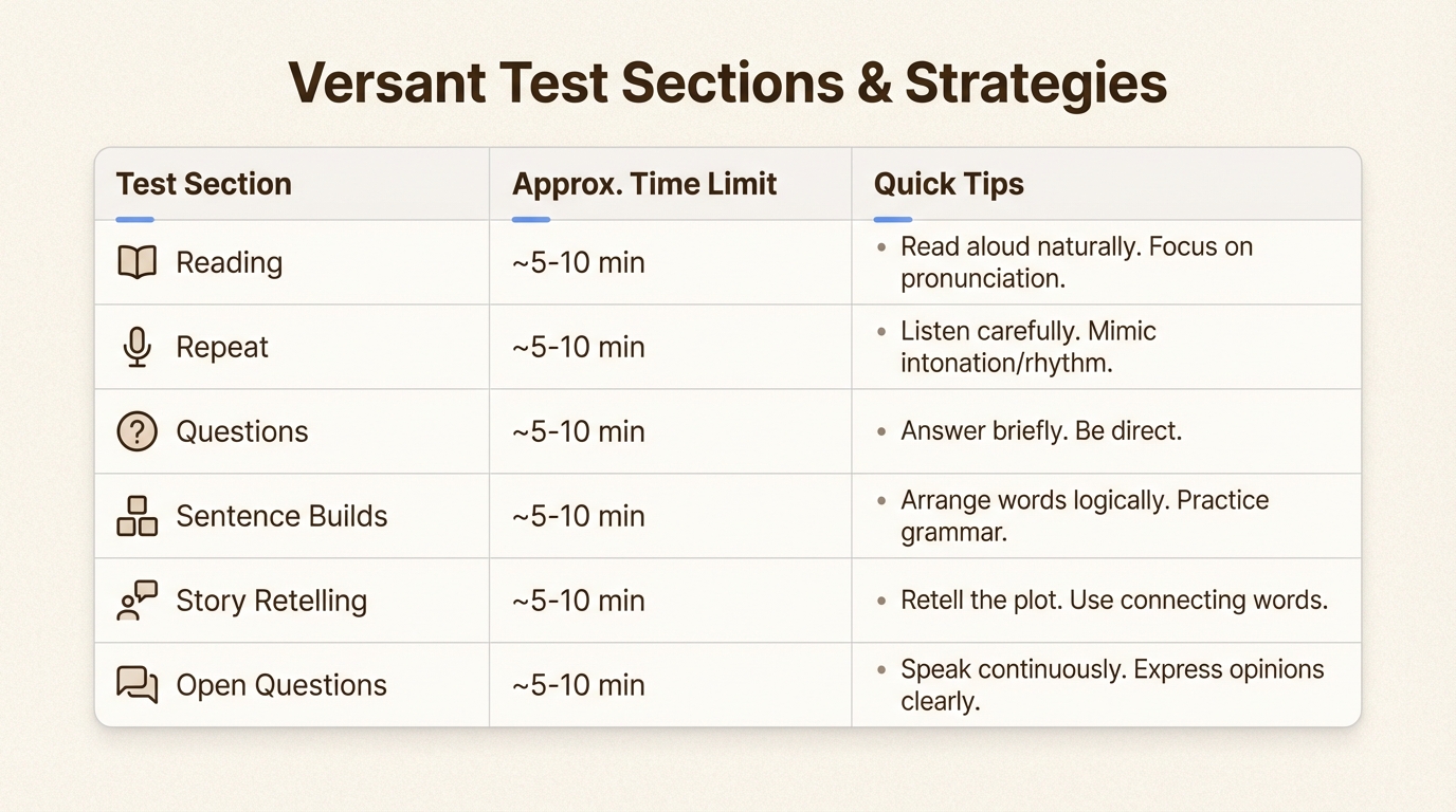 Six test sections with timing and strategy tips