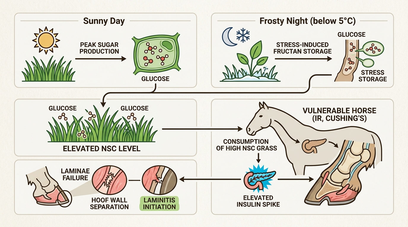Understand the critical metabolic chain reaction from spring grass sugars to laminitis in horses with insulin resistance or Cushing's.