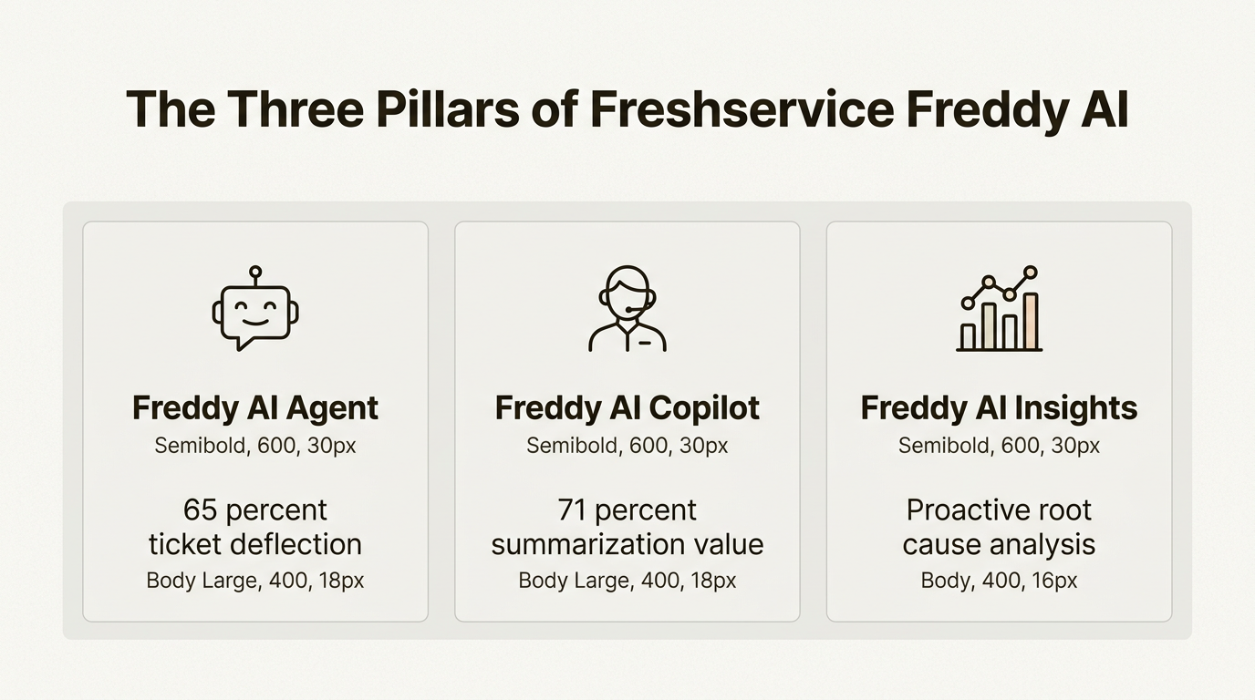 Die drei Säulen von Freddy AI integrieren sich, um Mitarbeiteranfragen zu automatisieren, menschliche Agenten zu unterstützen und proaktive Führungsanalysen bereitzustellen