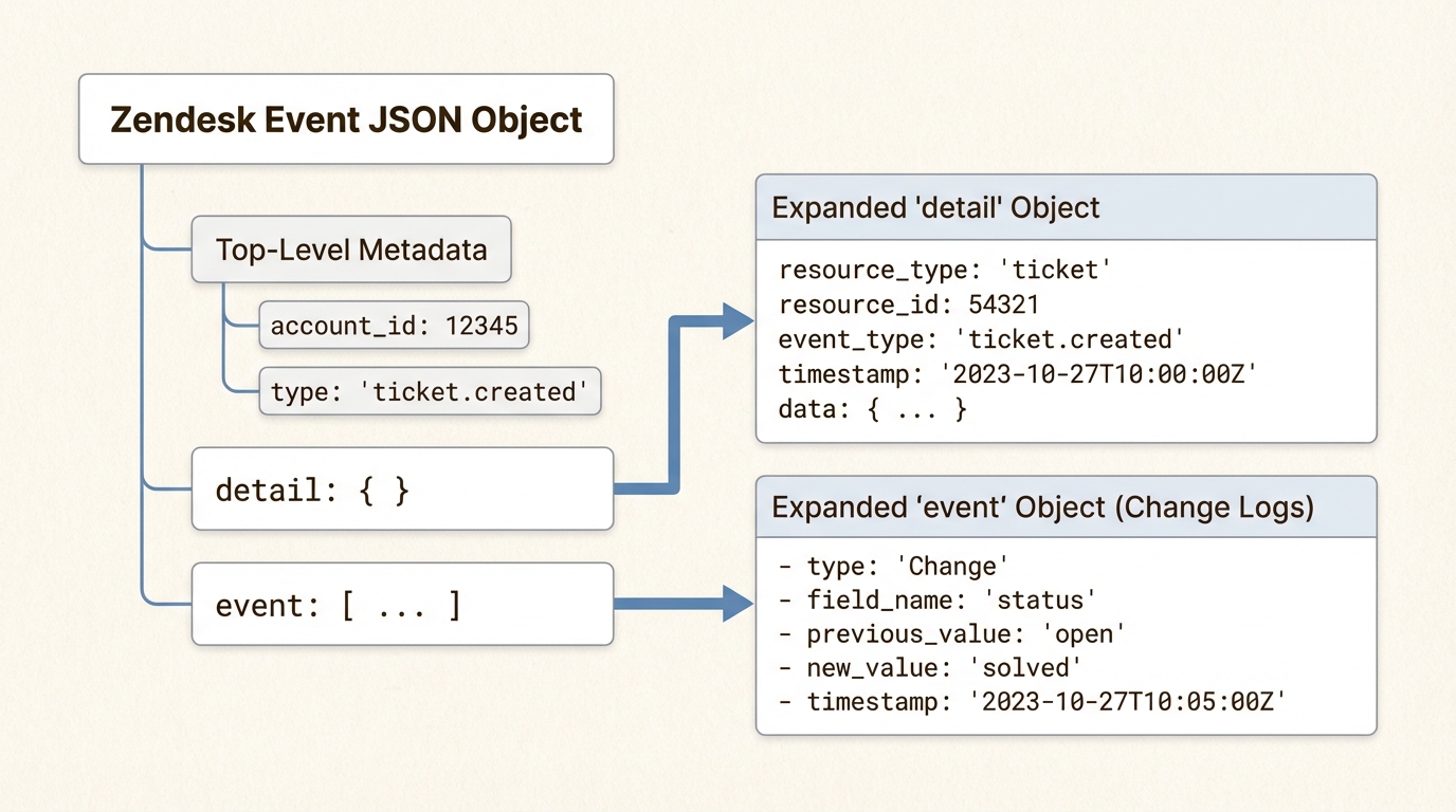 Estructura JSON jerárquica para analizar metadatos de eventos de webhook