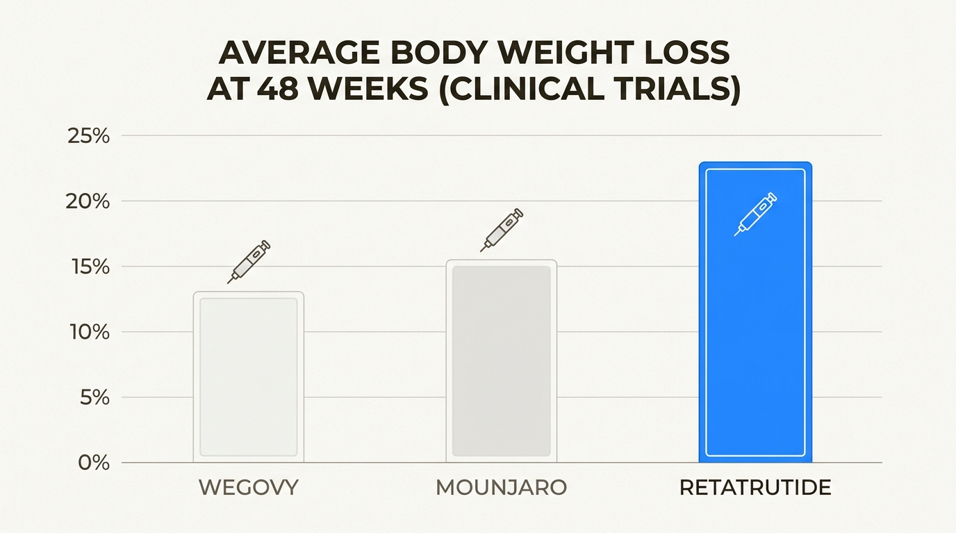 Clinical trial data demonstrates Retatrutide's superior efficacy, achieving significantly greater average weight loss compared to Wegovy and Mounjaro.
