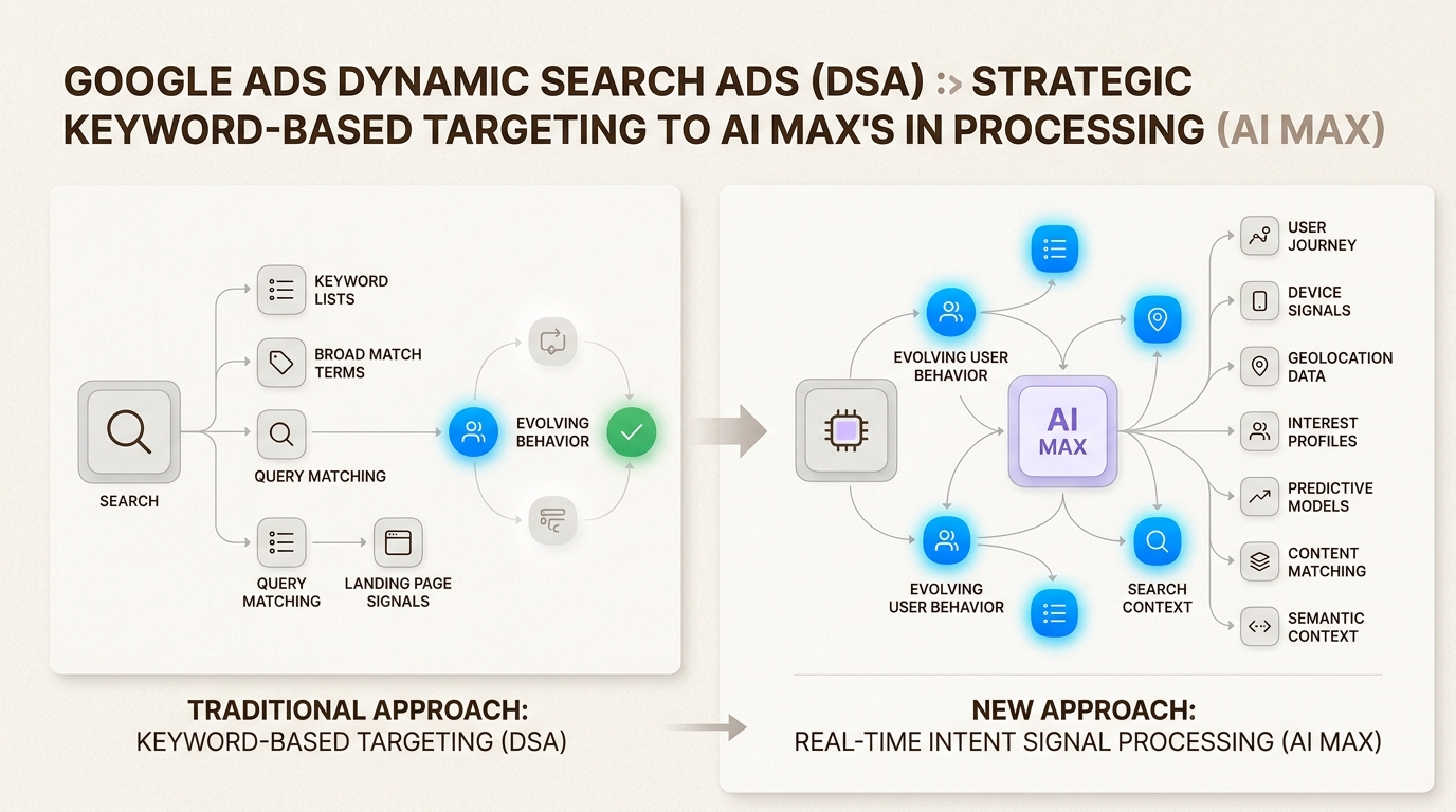 Visualize how Google Ads is shifting from static keyword matching to dynamic, intent-driven systems with AI Max to capture complex user discovery journeys.