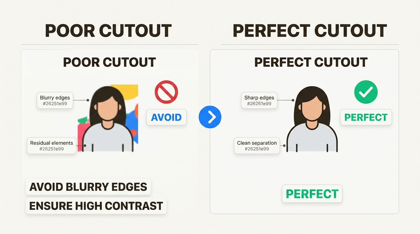 Visualize the critical difference between poor and perfect background cutouts, highlighting how source image quality impacts AI tool results.