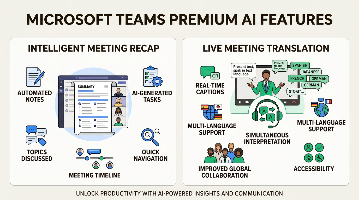 Infografía de Microsoft Teams Premium que muestra el resumen de reuniones de IA y las funciones de traducción en vivo.