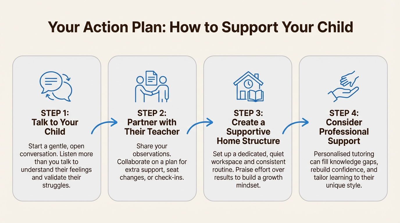 A workflow diagram showing the four common signs of a student falling behind at school and the steps to support them: talk to your child, partner with their teacher, create a supportive home structure, and consider professional support.