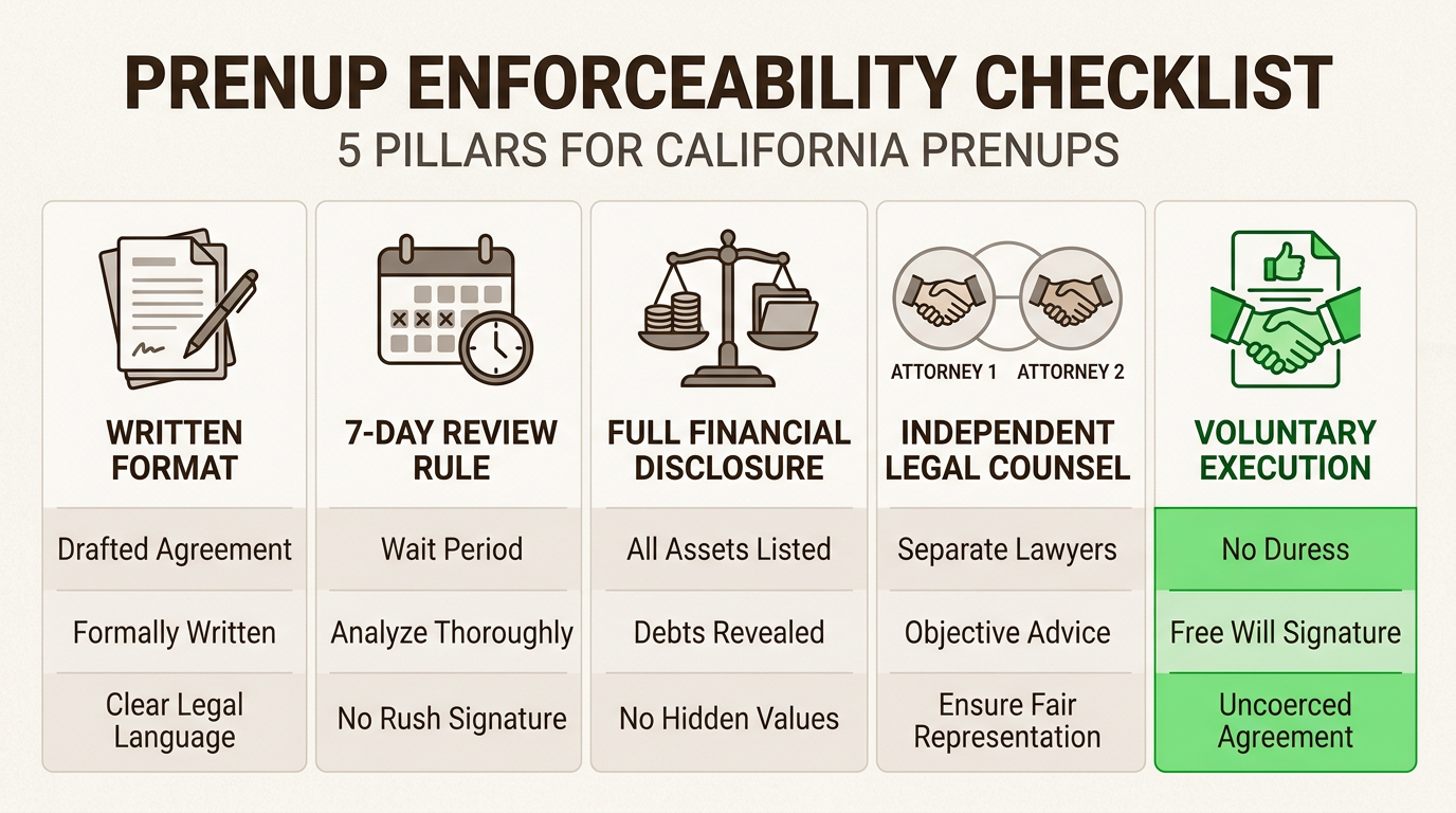 Following these five statutory requirements ensures your prenuptial agreement remains legally binding and enforceable in Los Angeles courts.
