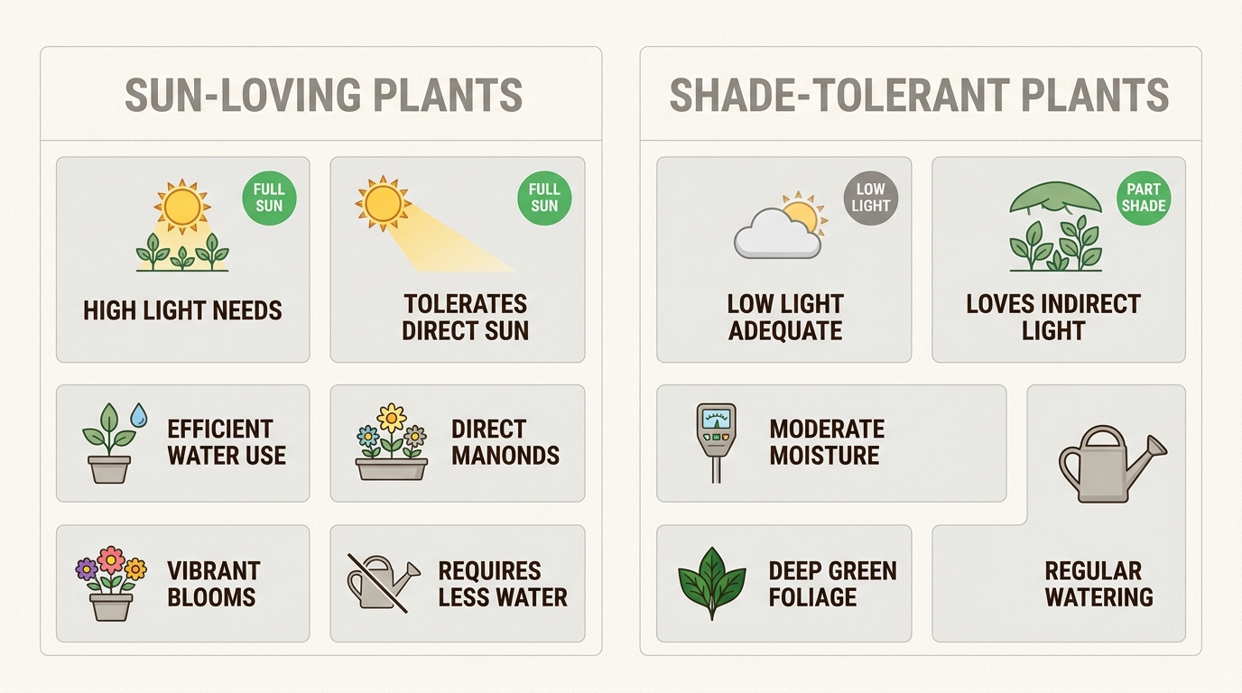 A comparison of sun-loving vs shade-tolerant plants in containers.