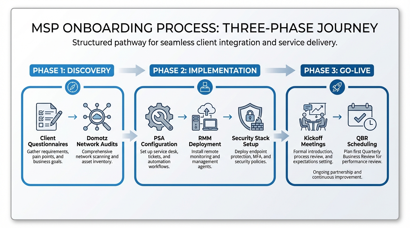 A structured three-phase approach ensures no critical technical or relationship steps are missed during the client transition.