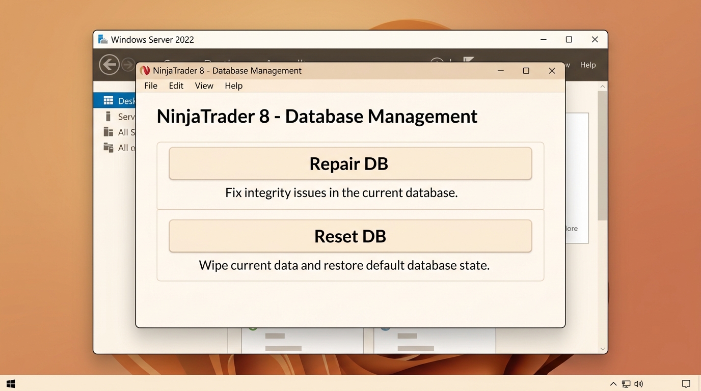 An illustration of the NinjaTrader 8 Database Management window, showing the 'Repair DB' and 'Reset DB' options clearly labeled in a clean Windows Server 2022 interface.