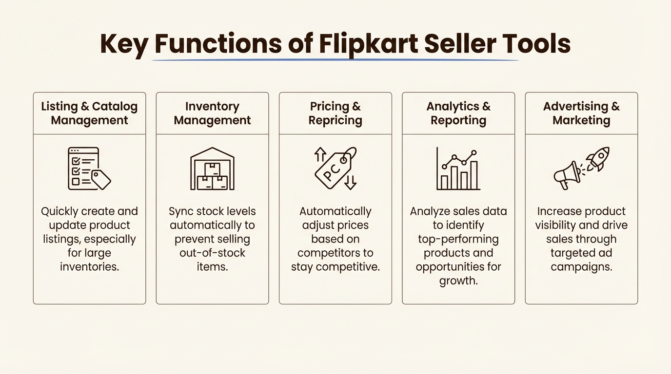 An infographic showing the five main functions of Flipkart seller tools: listing management, inventory management, pricing, analytics, and advertising.