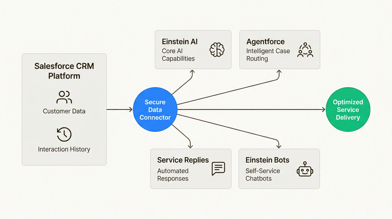 Ecossistema de IA do Salesforce conectando dados de CRM com recursos de Agentforce e Einstein AI