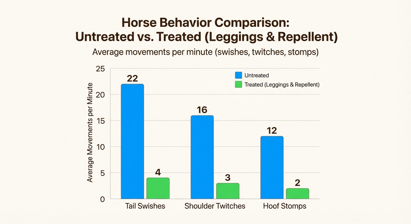 A horse wearing fly leggings showing reduced stress behaviors
