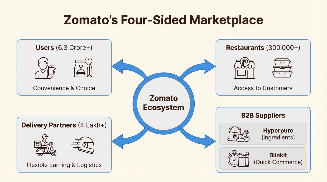 An infographic explaining the four-sided marketplace of the Zomato revenue model, connecting users, restaurants, delivery partners, and B2B suppliers.