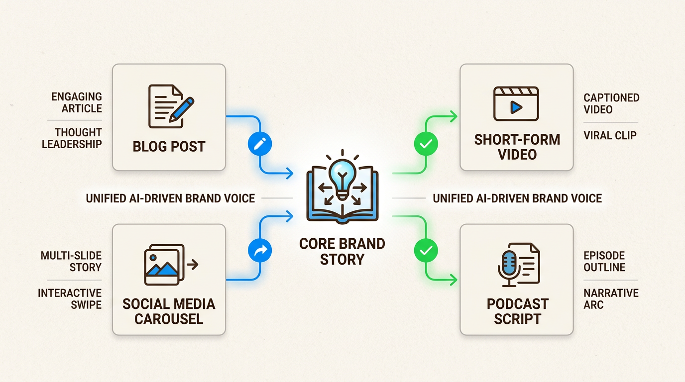 A multimodal ecosystem allows a single strategic message to be automatically adapted into various formats while maintaining brand consistency.