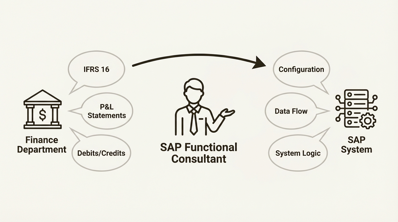 An infographic illustrating the SAP Functional Consultant's role as a translator between the finance department and the SAP system.