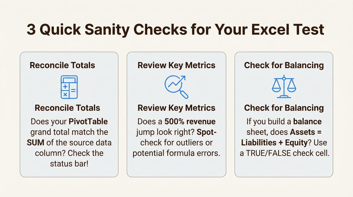 An infographic outlining three key sanity checks to use during an Excel interview test for finance to ensure accuracy.