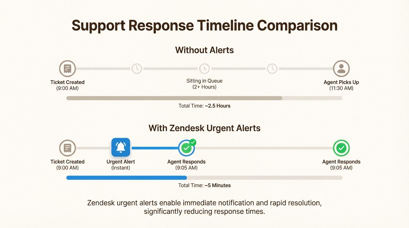 Zeitleiste, die zeigt, wie automatisierte dringende Benachrichtigungen verhindern, dass kritische Tickets in einer ausgelasteten Support-Warteschlange übersehen werden