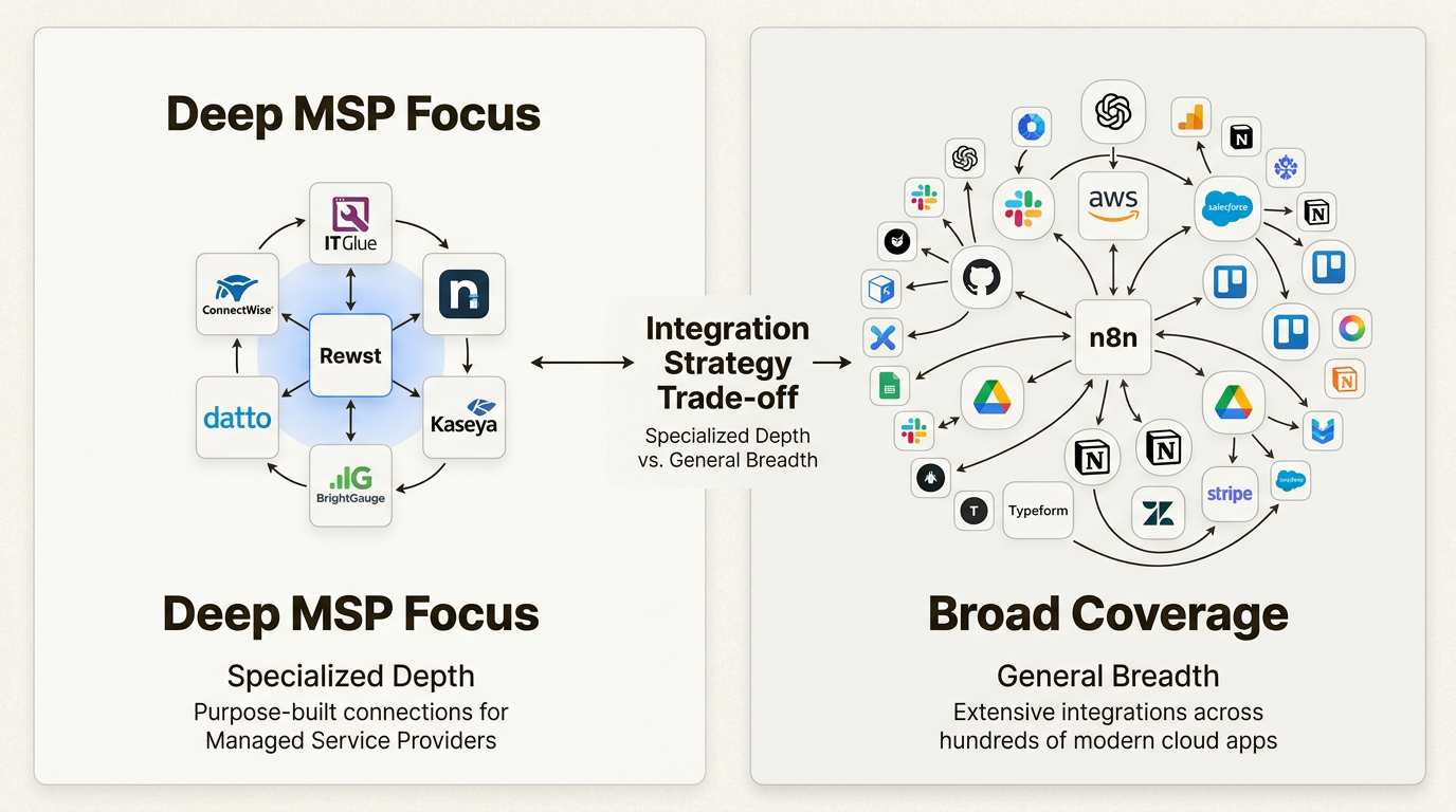Integration comparison showing Rewst's MSP-focused connections versus n8n's broad ecosystem