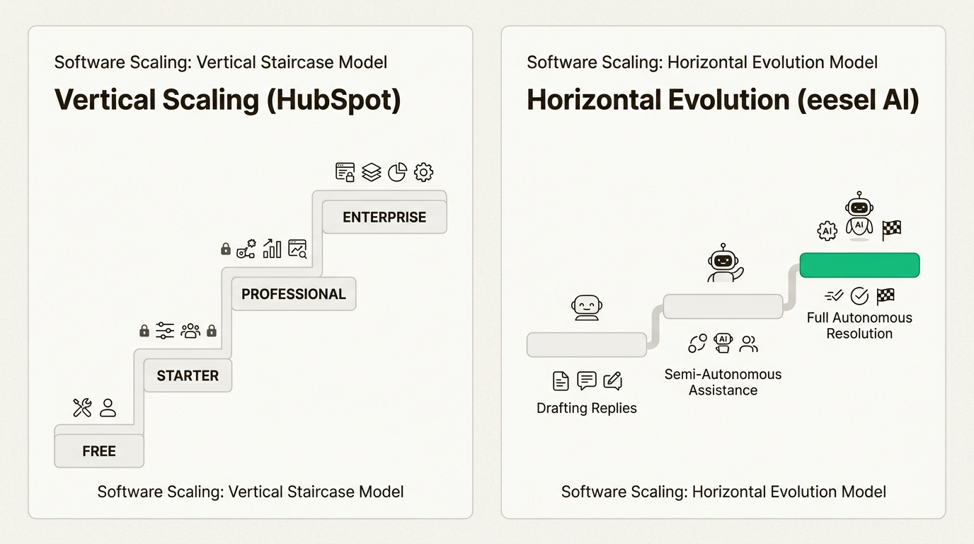 Infographie comparant les niveaux basés sur les prix de HubSpot au modèle de déploiement progressif de l'IA