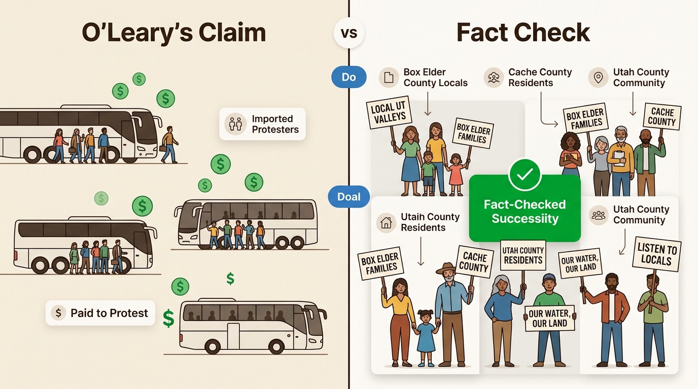 This graphic exposes Kevin O'Leary's false claims about 'paid activists,' revealing the genuine local Utahns protesting the AI center.
