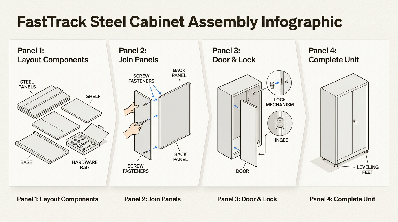 Assembly process overview showing the four main stages of building a FastTrack cabinet