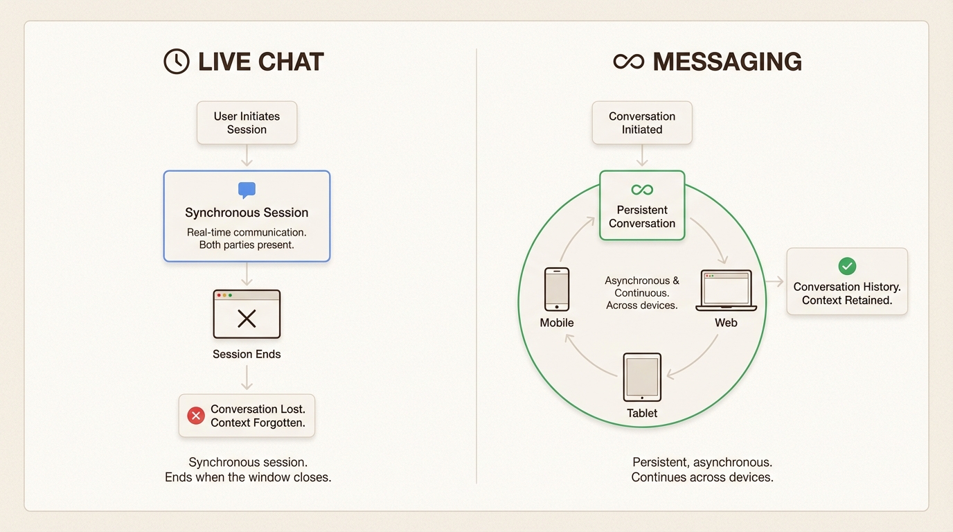 正確なSLAターゲットを設定するための、セッションベースのチャットと永続的なメッセージングの構造的な違い。