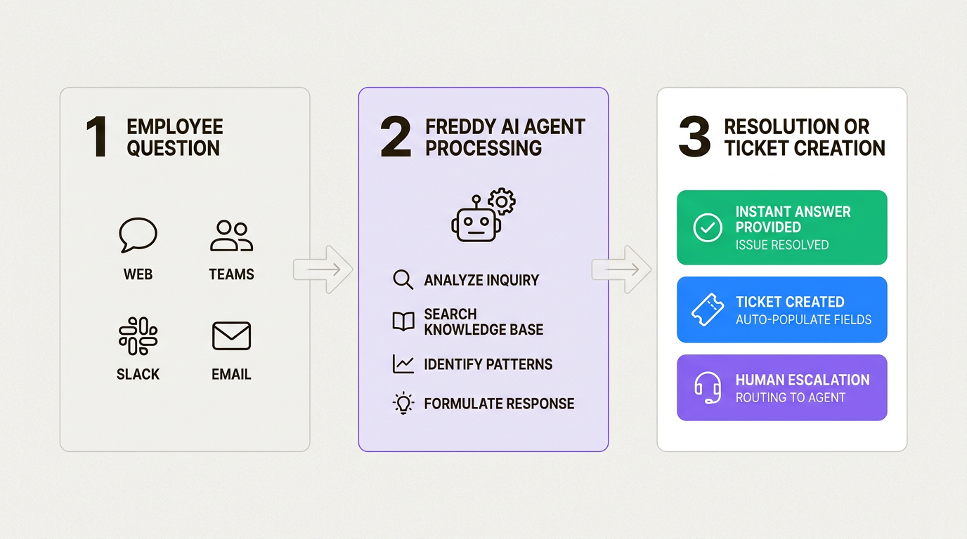 Cómo Freddy AI Agent procesa las solicitudes de los empleados a través de múltiples canales