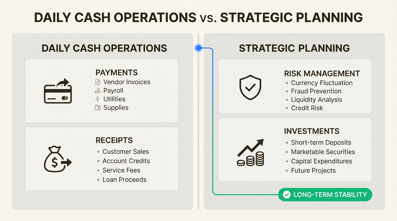 Cash management handles daily flows while treasury manages the bigger financial picture
