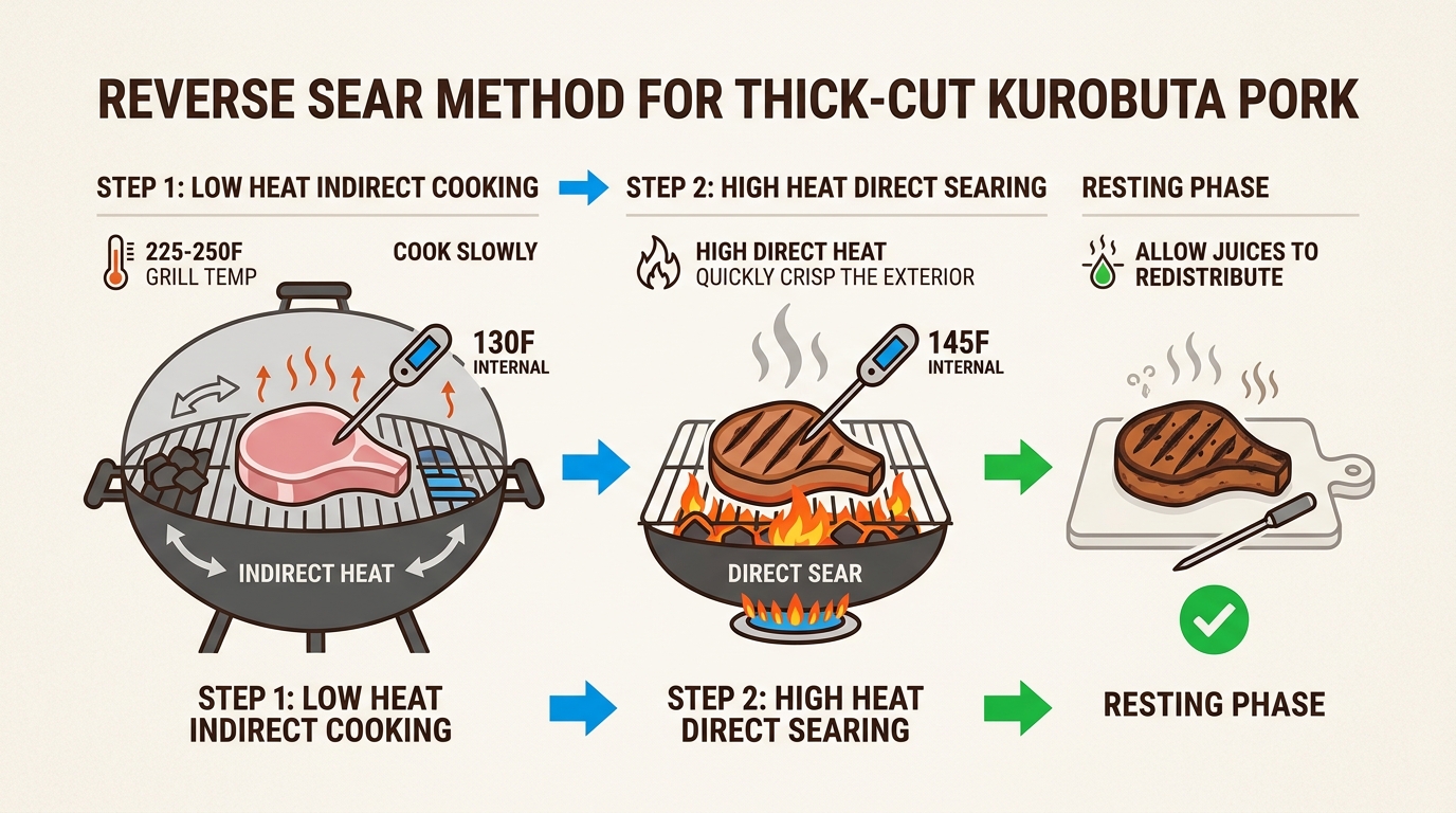 This diagram illustrates the reverse sear method, crucial for achieving edge-to-edge tenderness and a perfect crust on thick Kurobuta pork.