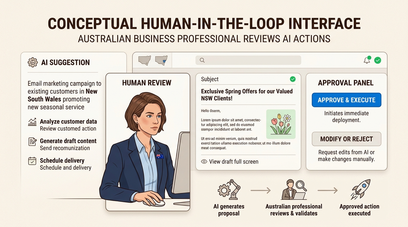 Human oversight is essential for high-stakes AI decisions, ensuring critical actions align with business intent and prevent errors in autonomous systems.