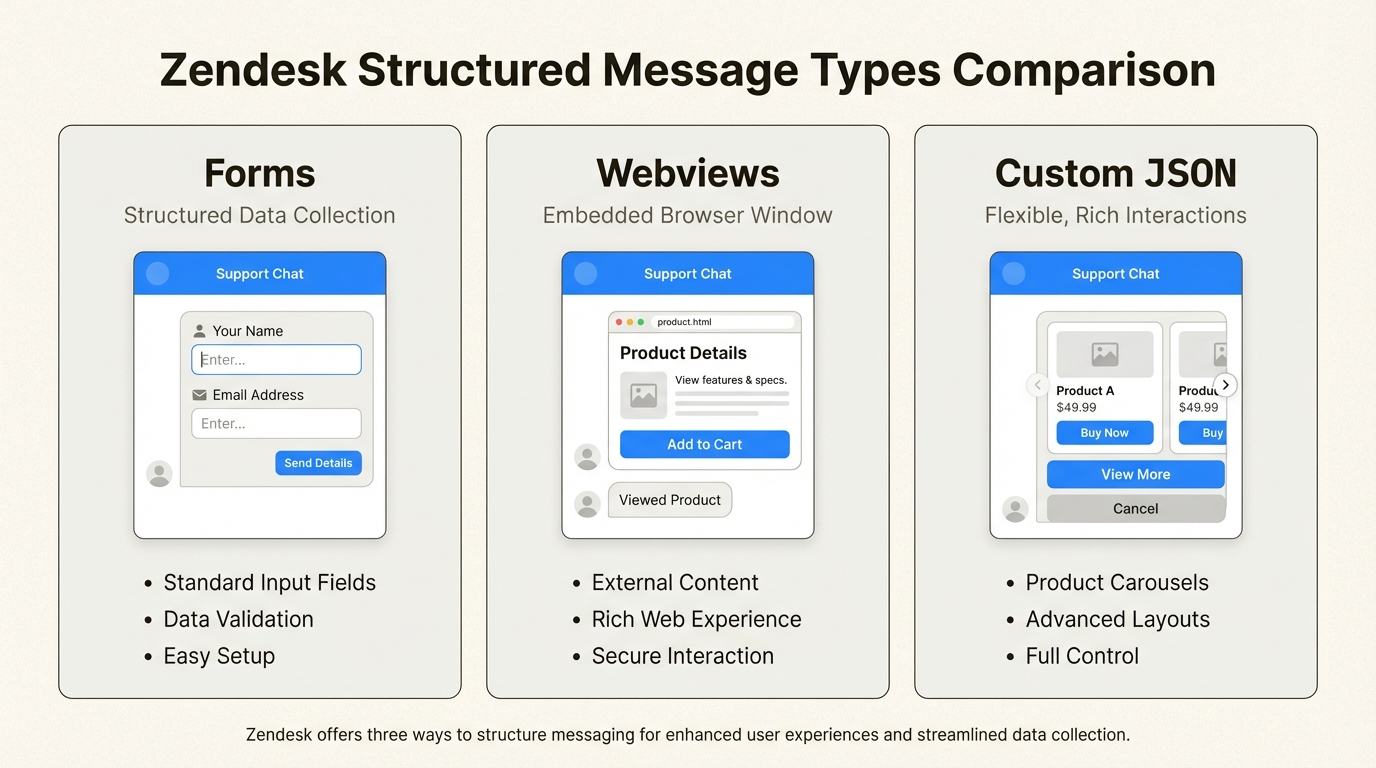 Comparaison des types de modèles Formulaires, Webviews et JSON personnalisés