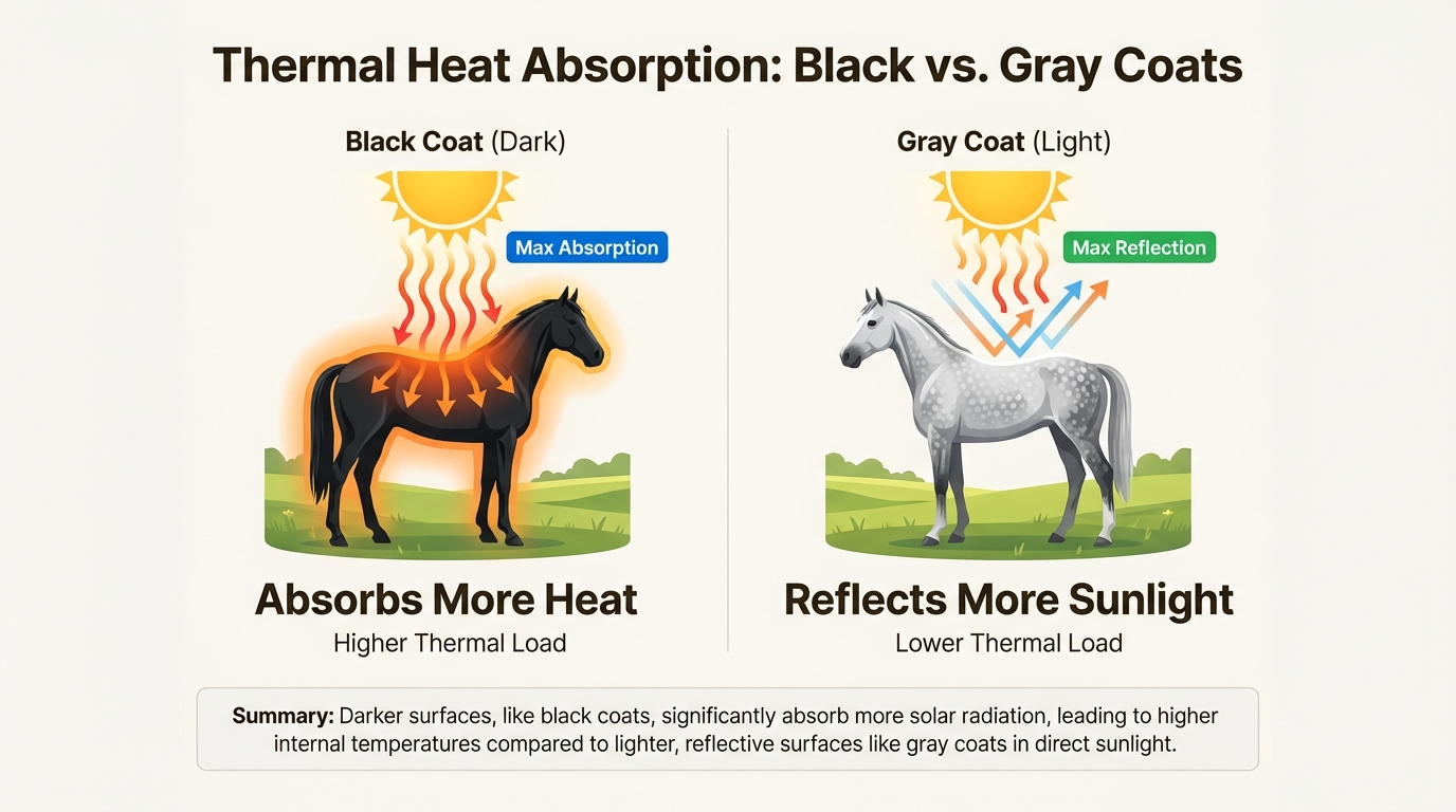 A dark-coated horse attracting more flies due to higher heat absorption