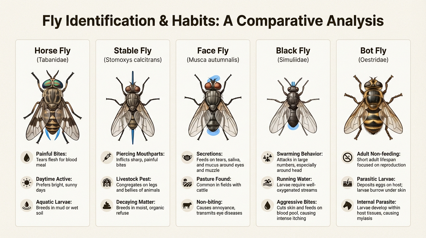 Different fly species that commonly attack horses
