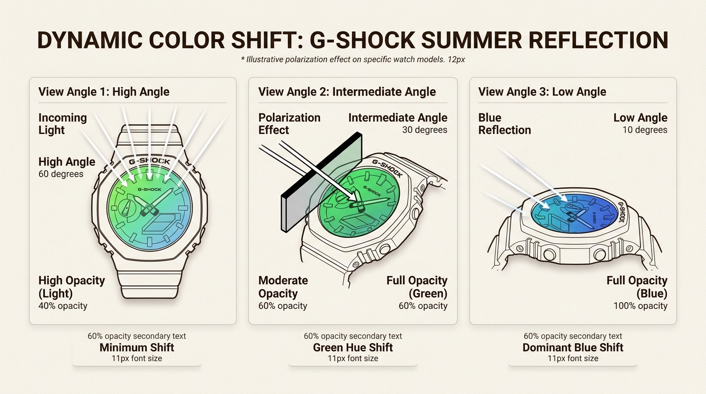 Experience the Summer Reflection series' polarized display, where colors dynamically shift to add unique visual depth and a futuristic aesthetic to your G-Shock.