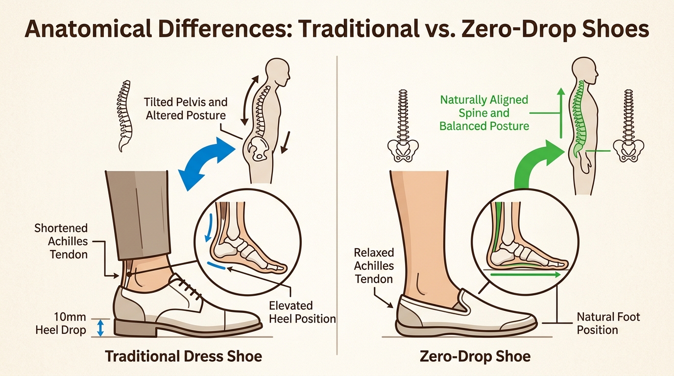 Compare how a traditional heel drop shortens the Achilles tendon and misaligns posture, versus a zero-drop sole that promotes natural spinal and tendon alignment.