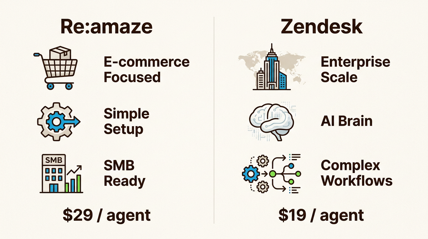 Comparaison visuelle mettant en évidence l'accent mis par Re:amaze sur le commerce électronique par rapport aux capacités d'IA d'entreprise de Zendesk