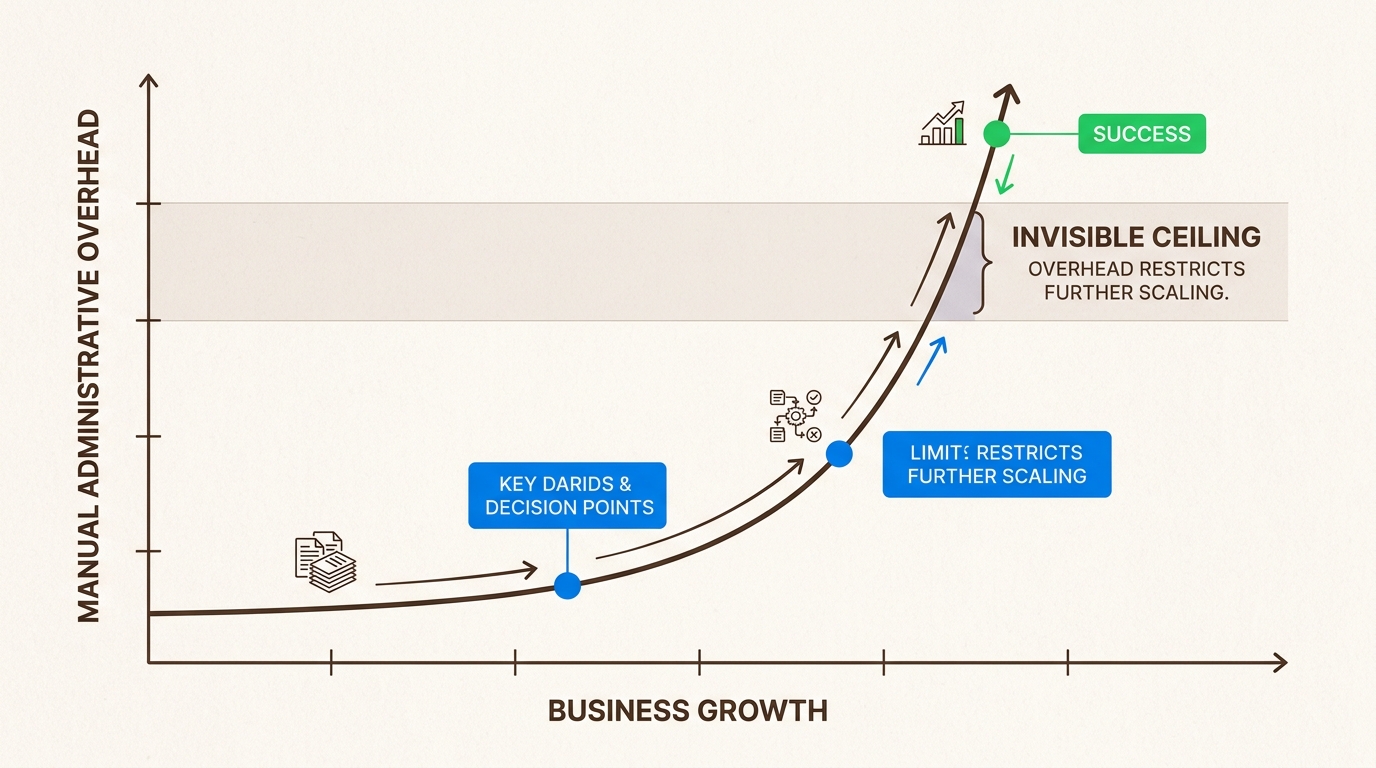 This graph illustrates how manual administrative overhead can become an invisible ceiling, limiting sustainable business growth.