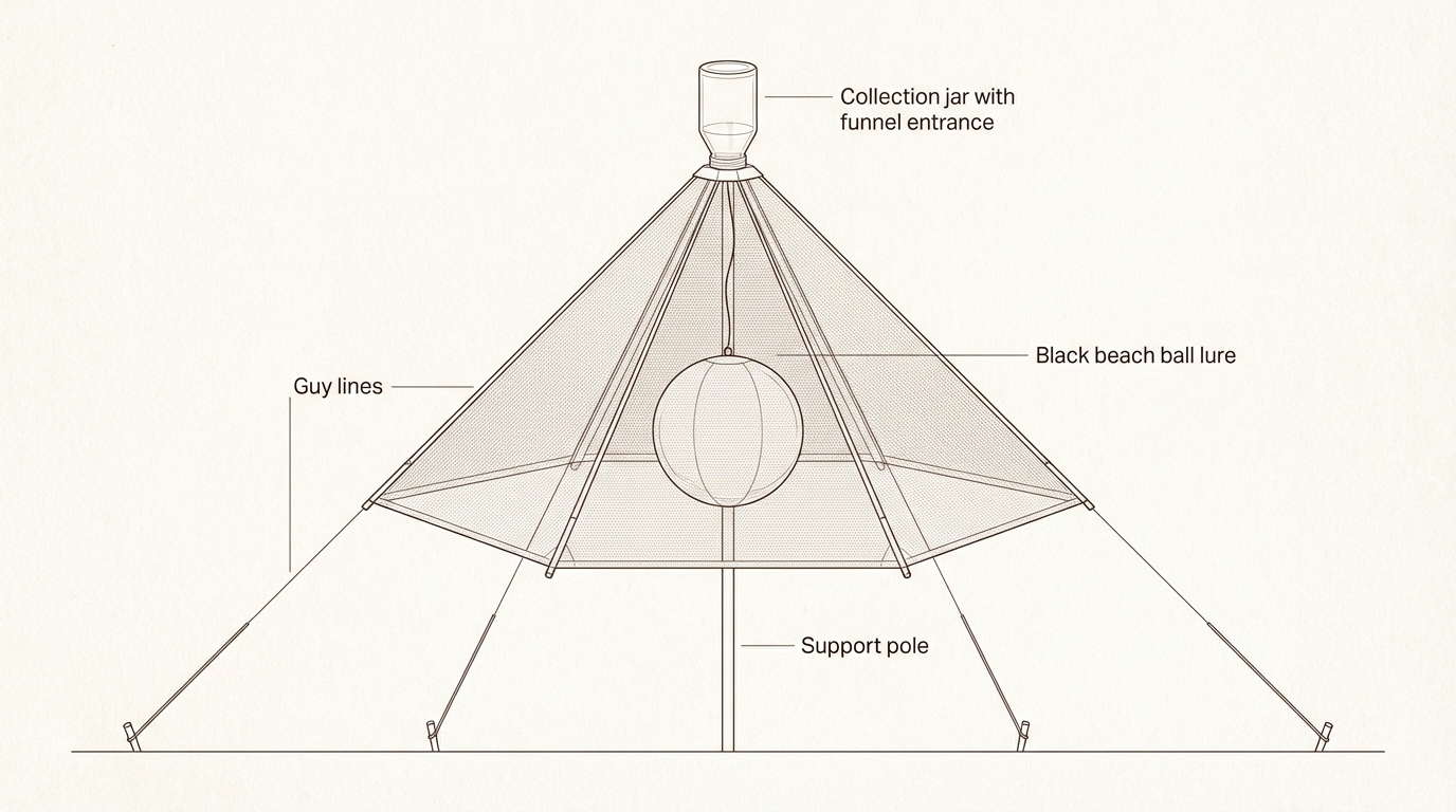 This DIY trap uses a dark lure to attract horse flies and exploits their natural tendency to fly upward when escaping.