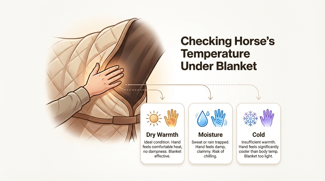 The shoulder check is the most reliable way to monitor your horse's comfort and prevent overheating or chilling.
