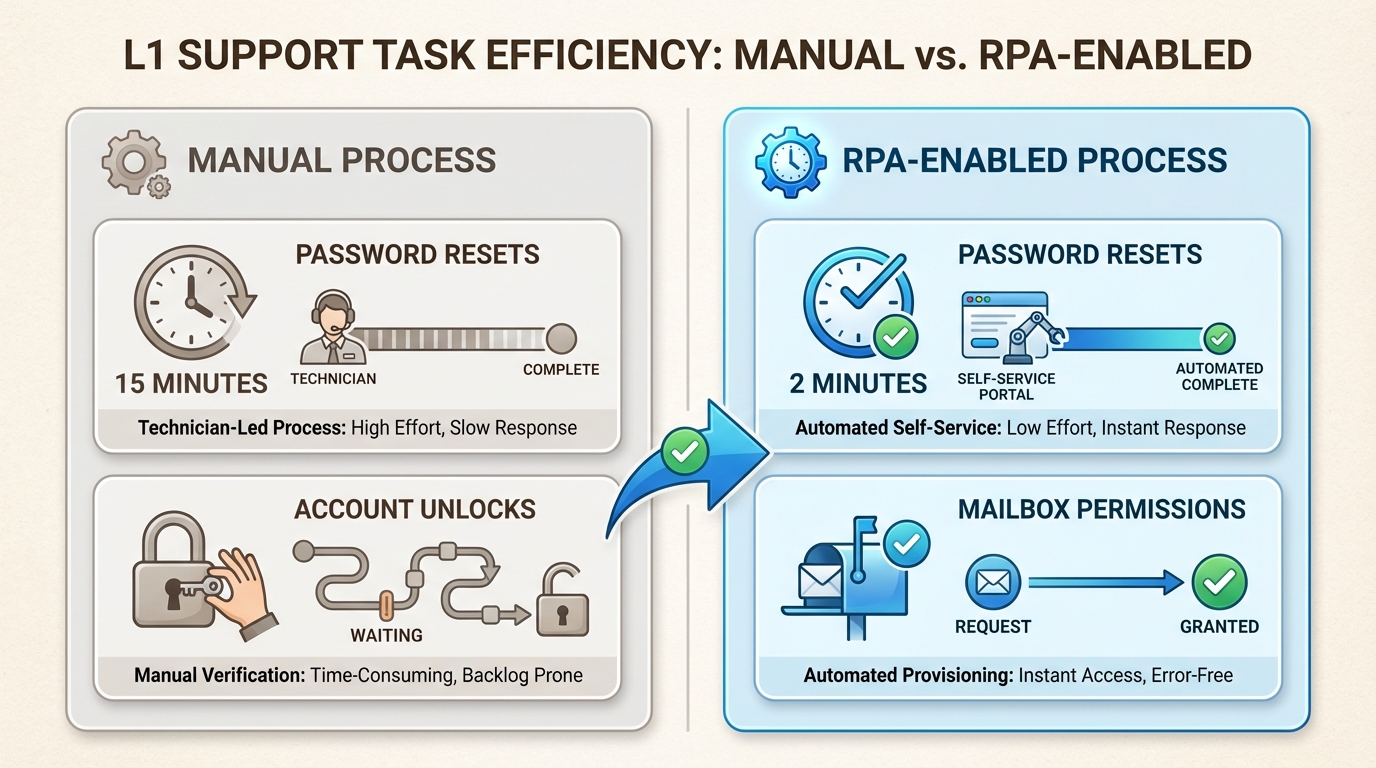 High-volume L1 task automation reduces technician workload and improves service desk throughput